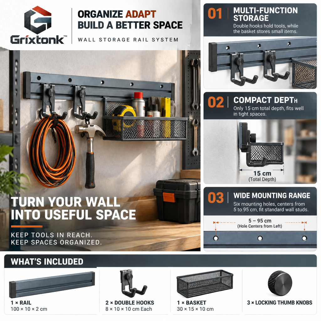 Grixtonk™ WallSpan Modular Storage Track – Customizable Wall Rail System for Tools, Bins & Garage Organization