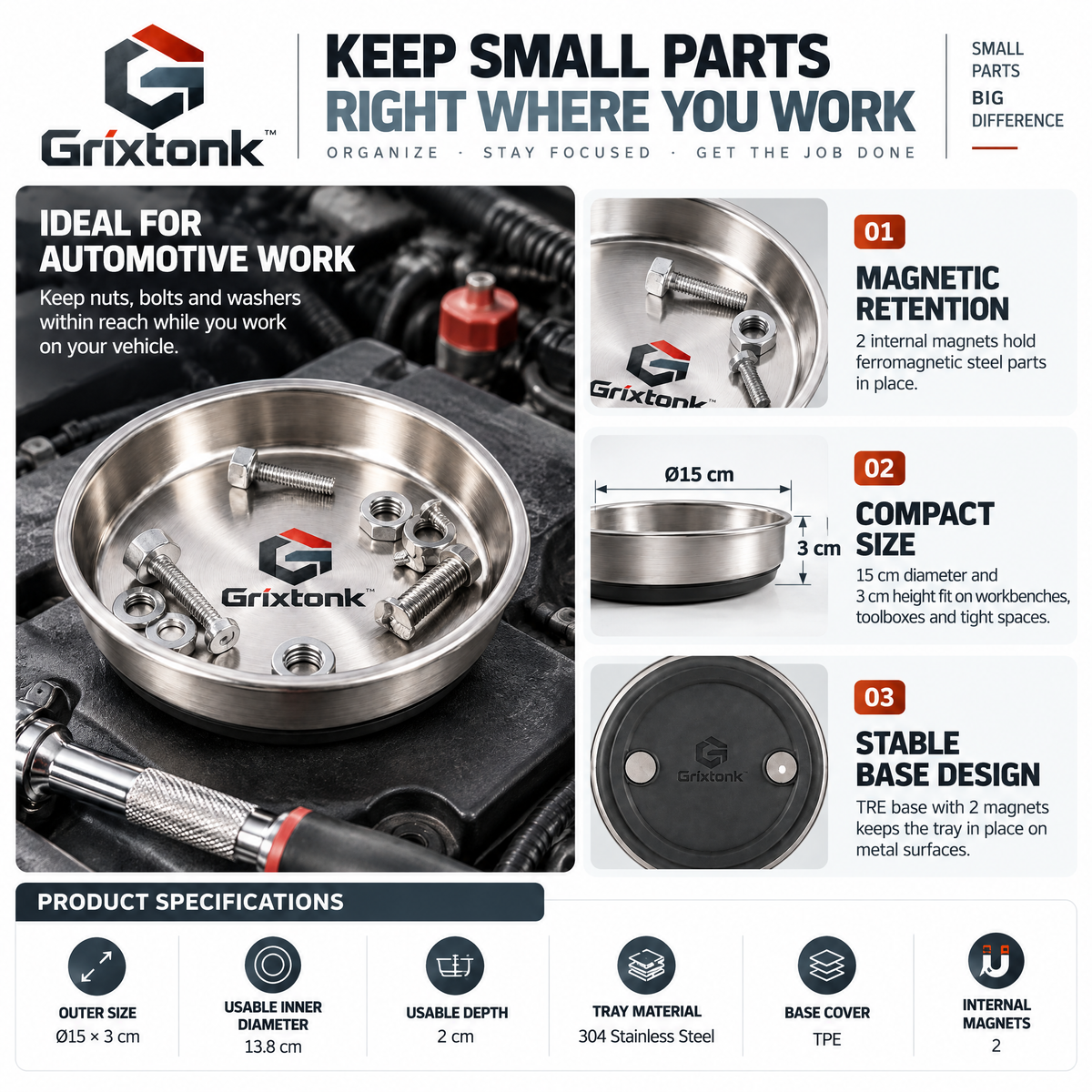 Grixtonk™ MagNest Magnetic Parts Tray – Metal Hardware Holder for Screws, Nuts, Bolts & Small Workshop Parts