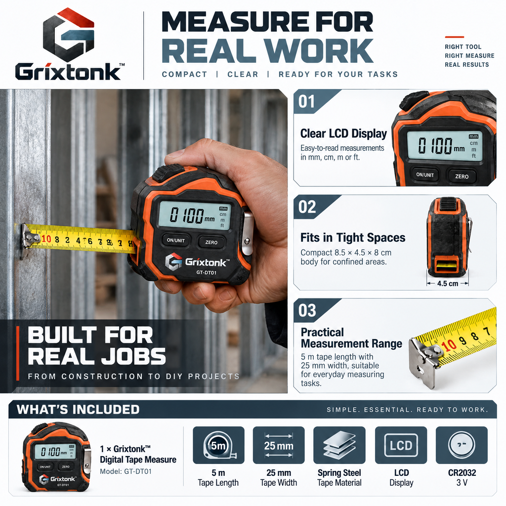 Grixtonk™ MeasureSync Digital Tape Measure – Smart LCD Measuring Tool with Retractable Blade for Home, Workshop & DIY Projects