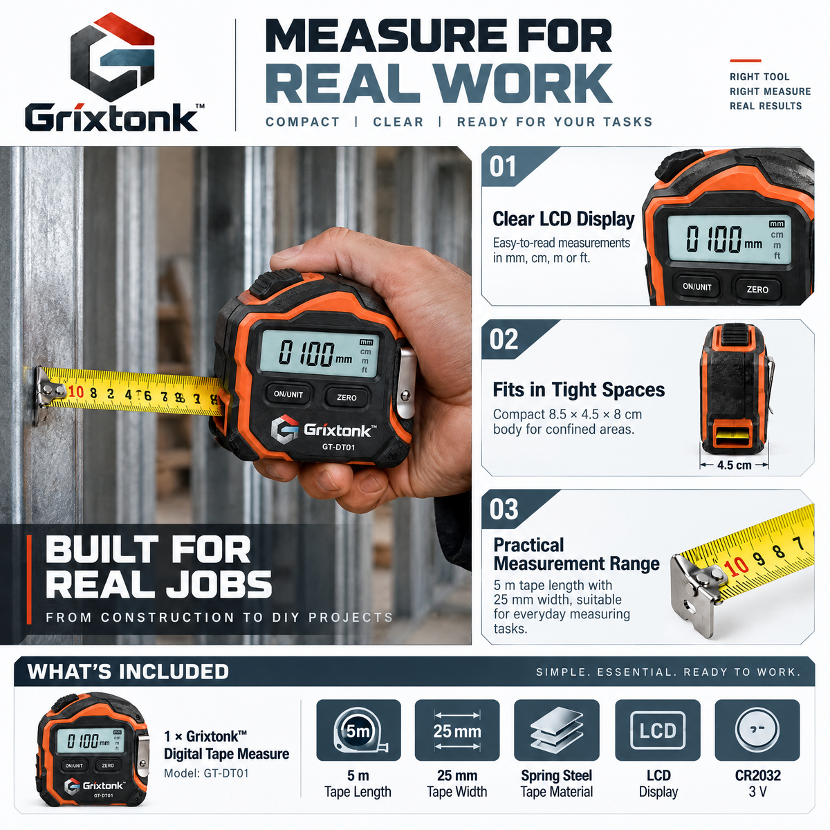 Grixtonk™ MeasureSync Digital Tape Measure – Smart LCD Measuring Tool with Retractable Blade for Home, Workshop & DIY Projects