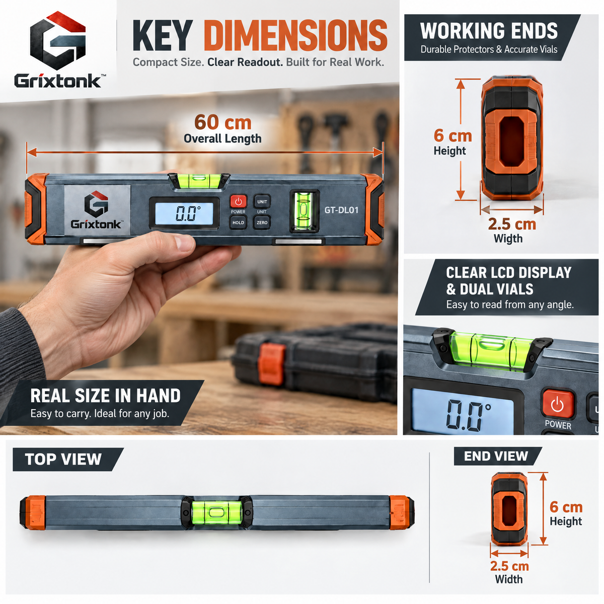 Grixtonk™ AngleView Digital Level – Electronic Angle Finder with LCD Display for Installation, Woodworking & DIY Projects