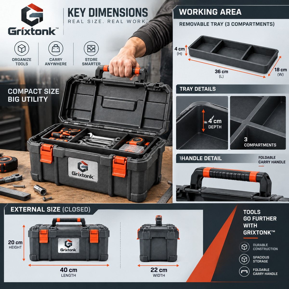 Grixtonk™ WorkCarry Portable Tool Box – Rugged Hand-Carry Organizer with Removable Tray for Tools, Hardware & Repair Gear
