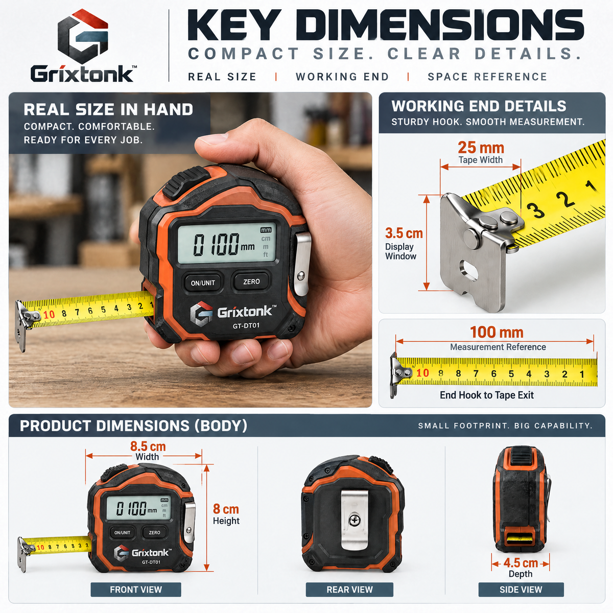 Grixtonk™ MeasureSync Digital Tape Measure – Smart LCD Measuring Tool with Retractable Blade for Home, Workshop & DIY Projects