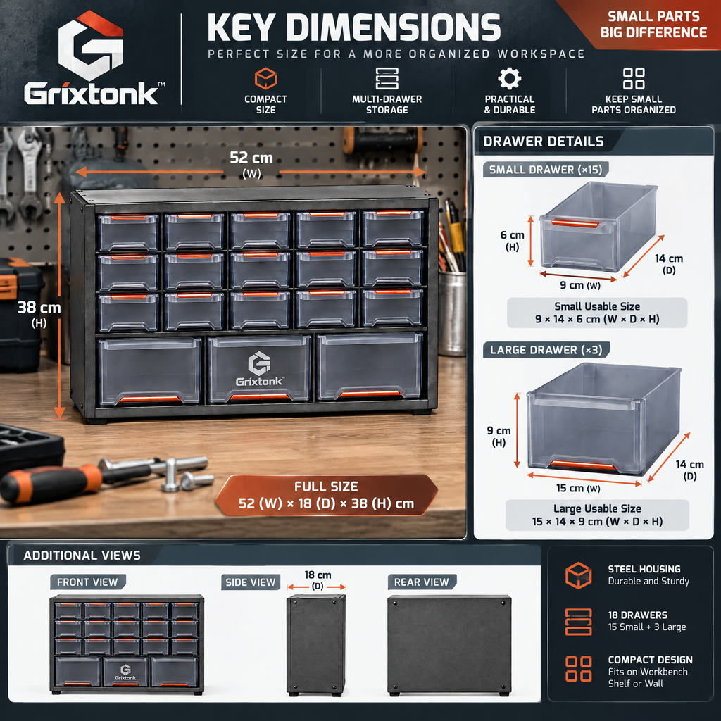 Grixtonk™ PartGrid Tool Parts Cabinet – Multi-Drawer Hardware Organizer for Screws, Nuts, Bolts & Workshop Supplies