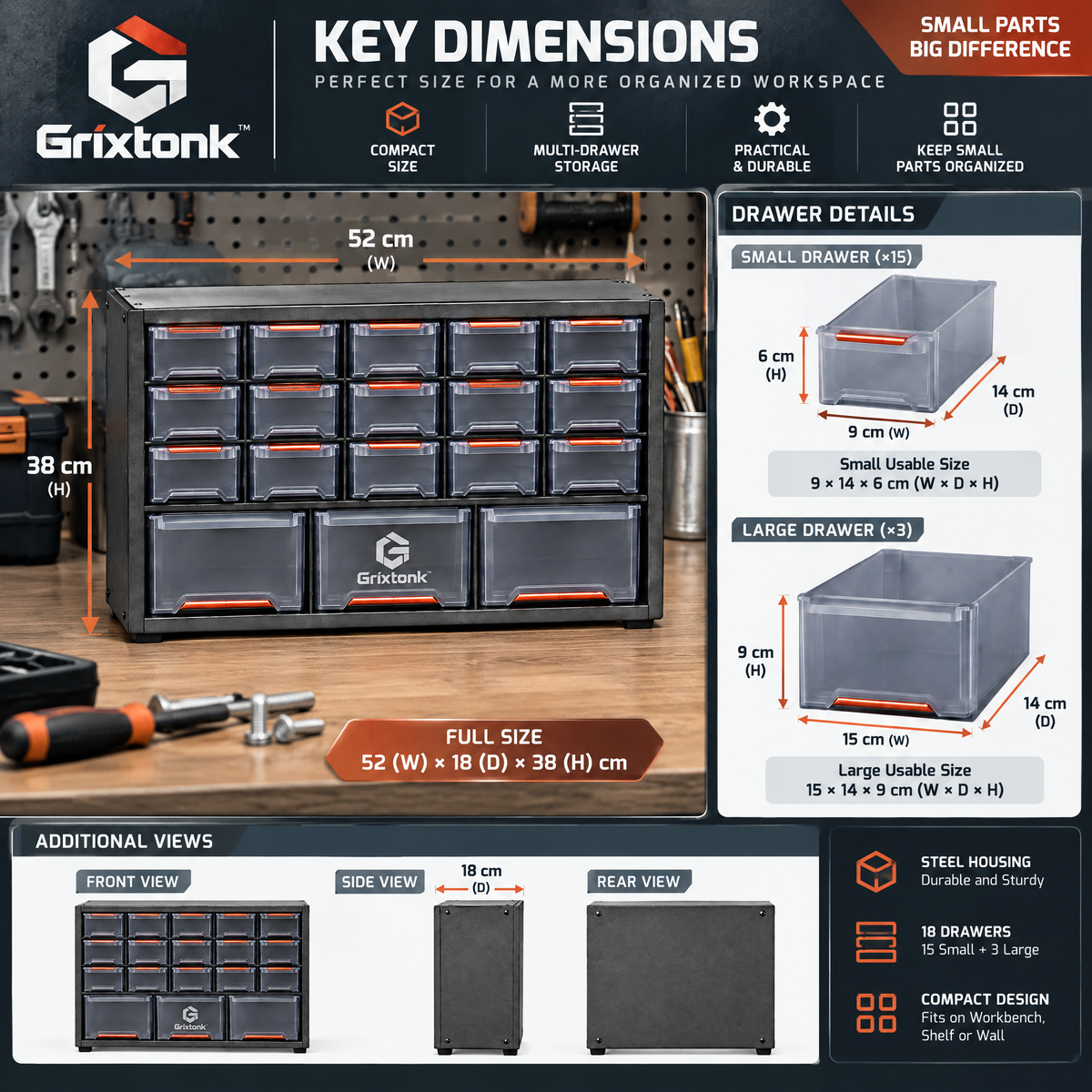 Grixtonk™ PartGrid Tool Parts Cabinet – Multi-Drawer Hardware Organizer for Screws, Nuts, Bolts & Workshop Supplies