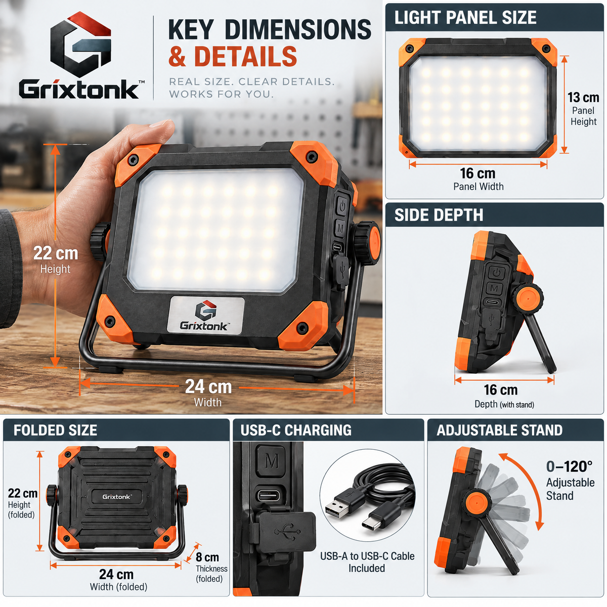 Grixtonk™ WideBeam Rechargeable Flood Light – Portable LED Area Light with Adjustable Stand for Workshop, Garage & Outdoor Projects