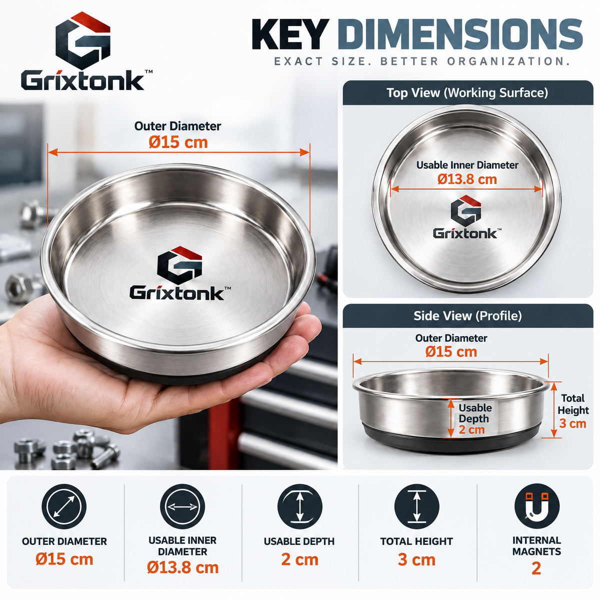 Grixtonk™ MagNest Magnetic Parts Tray – Metal Hardware Holder for Screws, Nuts, Bolts & Small Workshop Parts